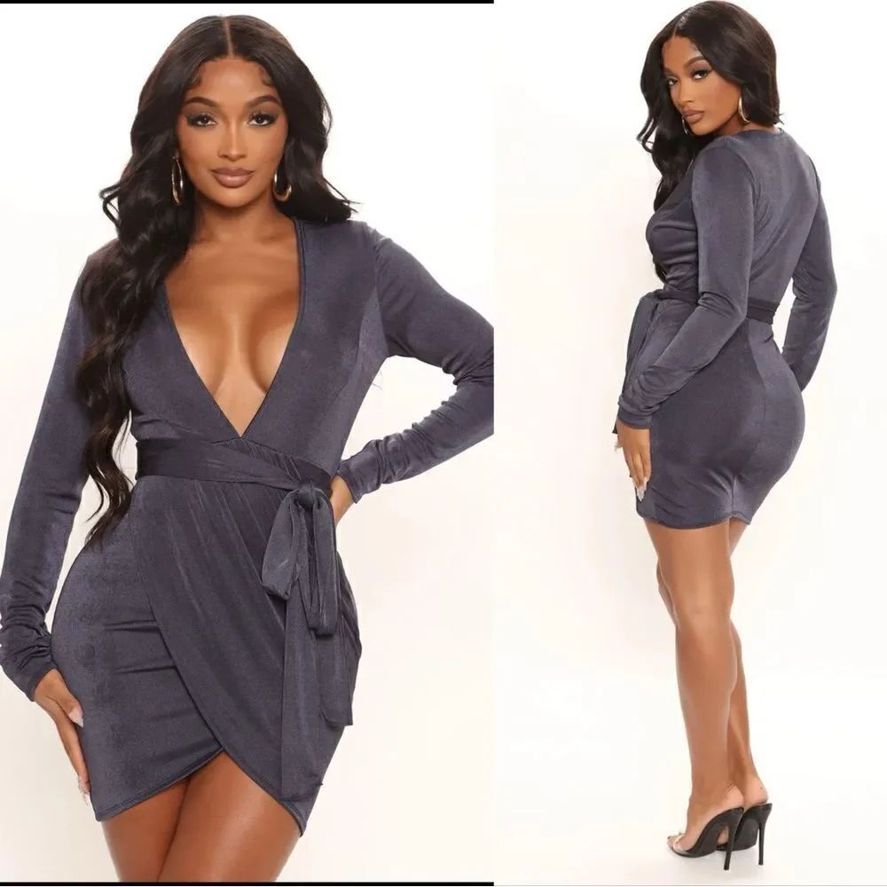 NWT Fashion Nova Fully Committed Slinky Mini Grey Silver Dress Gunmetal Size S